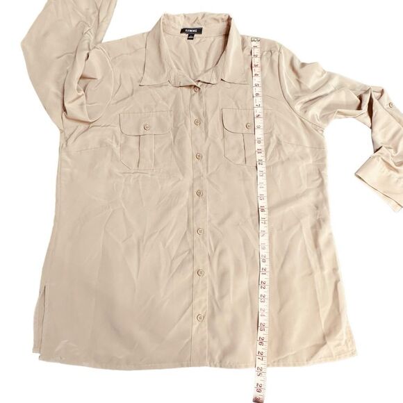 Cream Beige Elementz Silky Long Sleeve Button Down Blouse Shirt Size Large - Picture 9 of 11